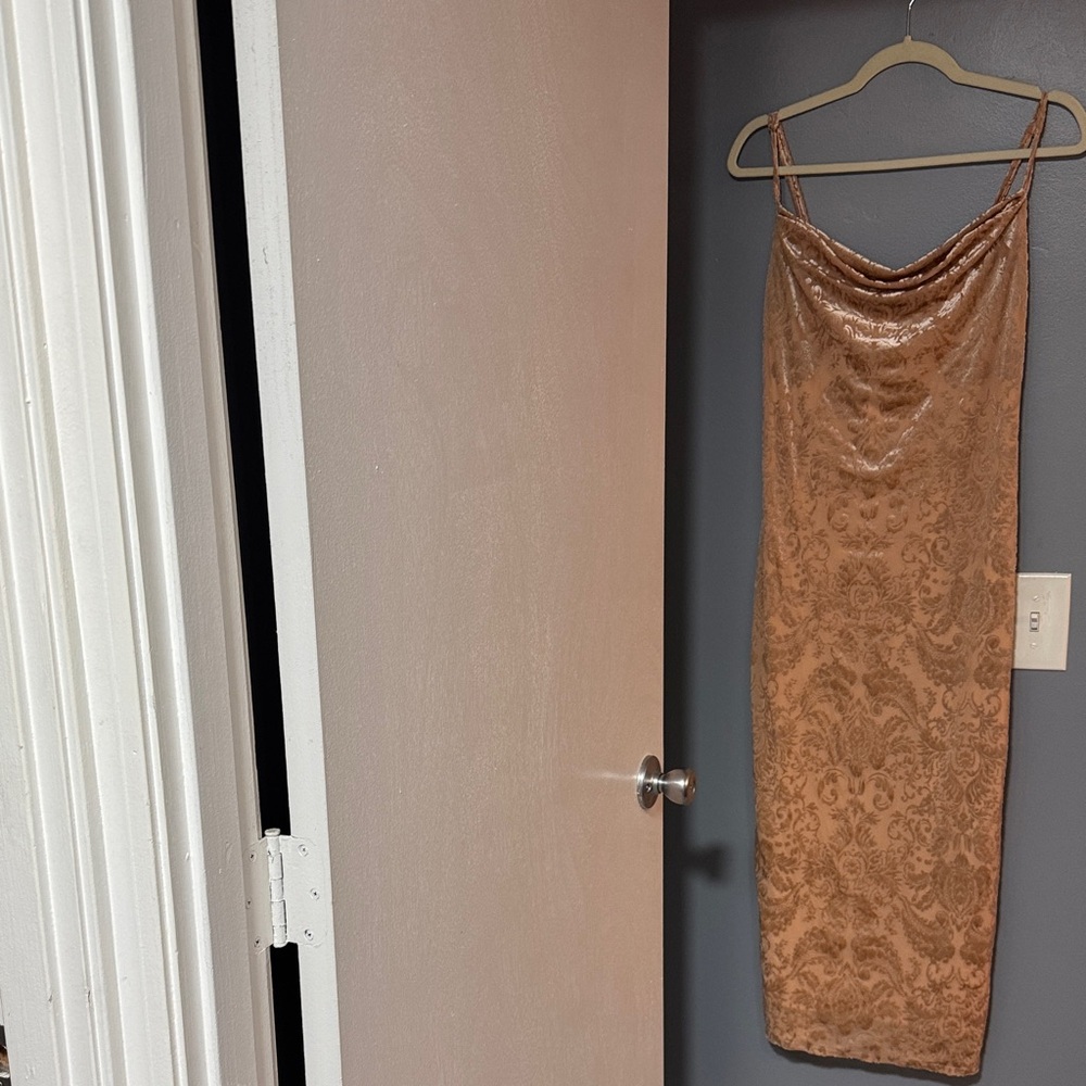 bebe Bronze Velvet Cowl Neck Slip Dress